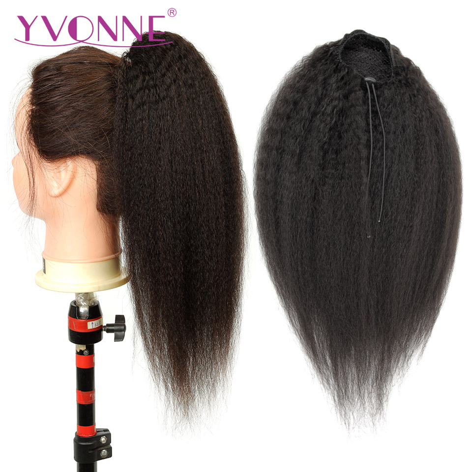 Seamless Clip In Hair Extensions Human Hair - [Yvonne] Kinky Straight Drawstring Ponytail Human