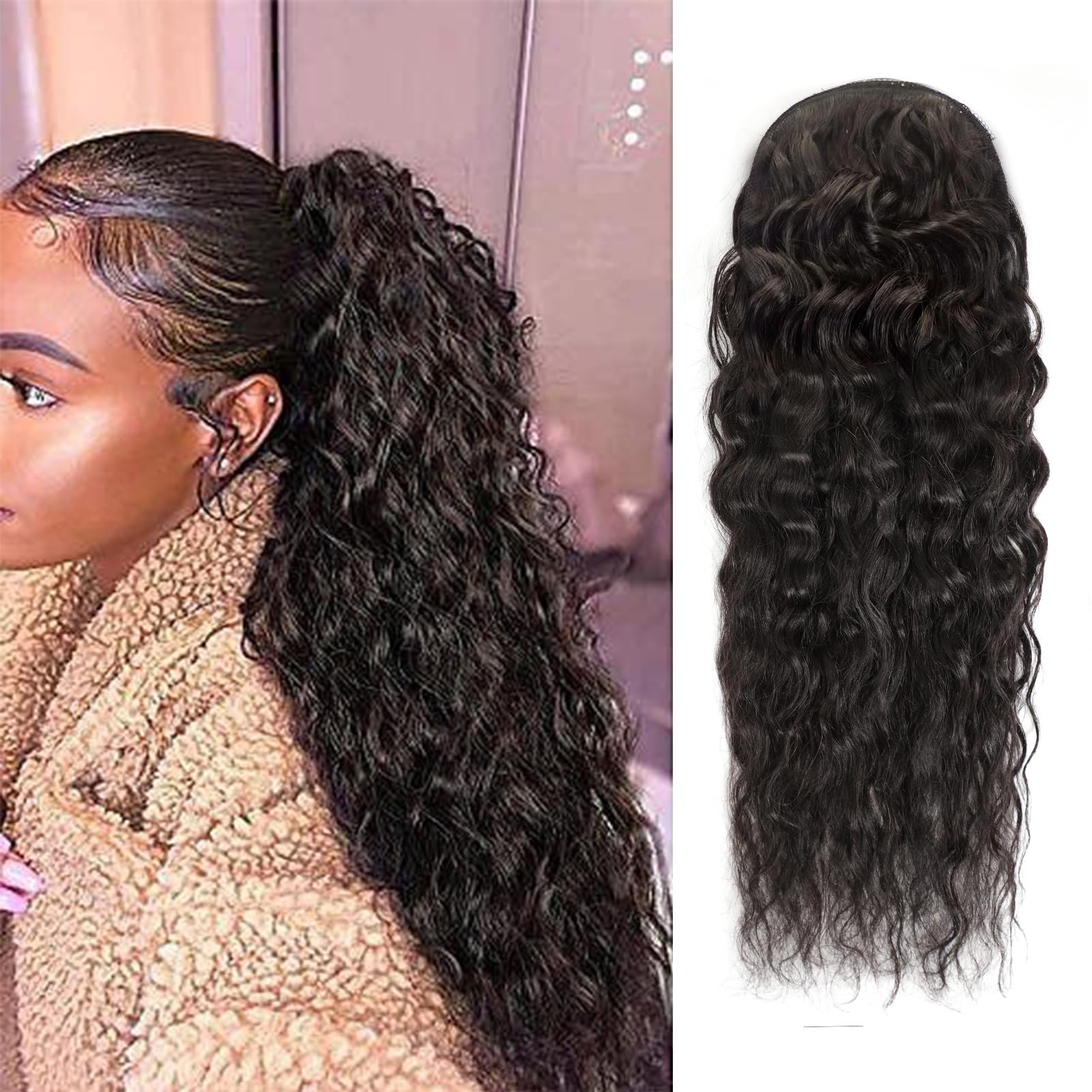 Seamless Clip In Hair Extensions Human Hair - Water Wave Ponytail Human Hair Extensions