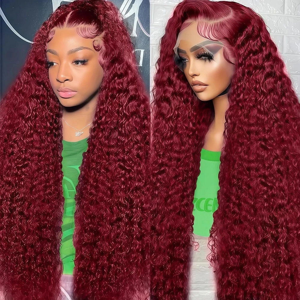 Human Hair Wigs - 99J Burgundy Colored Deep Wave 200