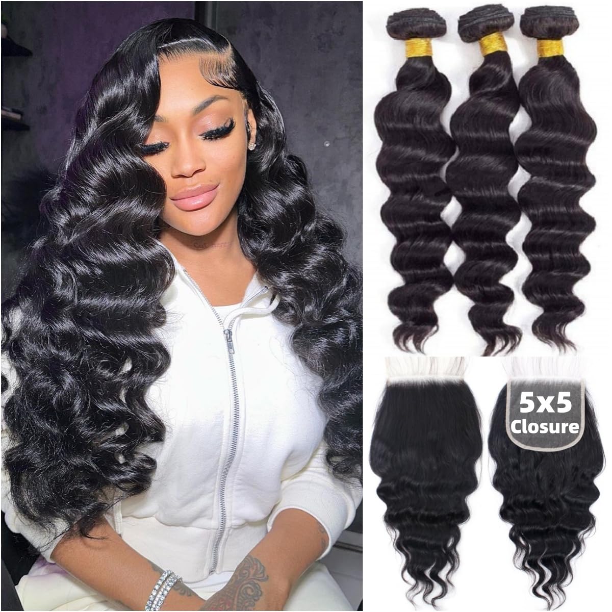 Loose Wave Human Hair Bundles  - Deep Wave 3 Bundles With Closure 评论和价格