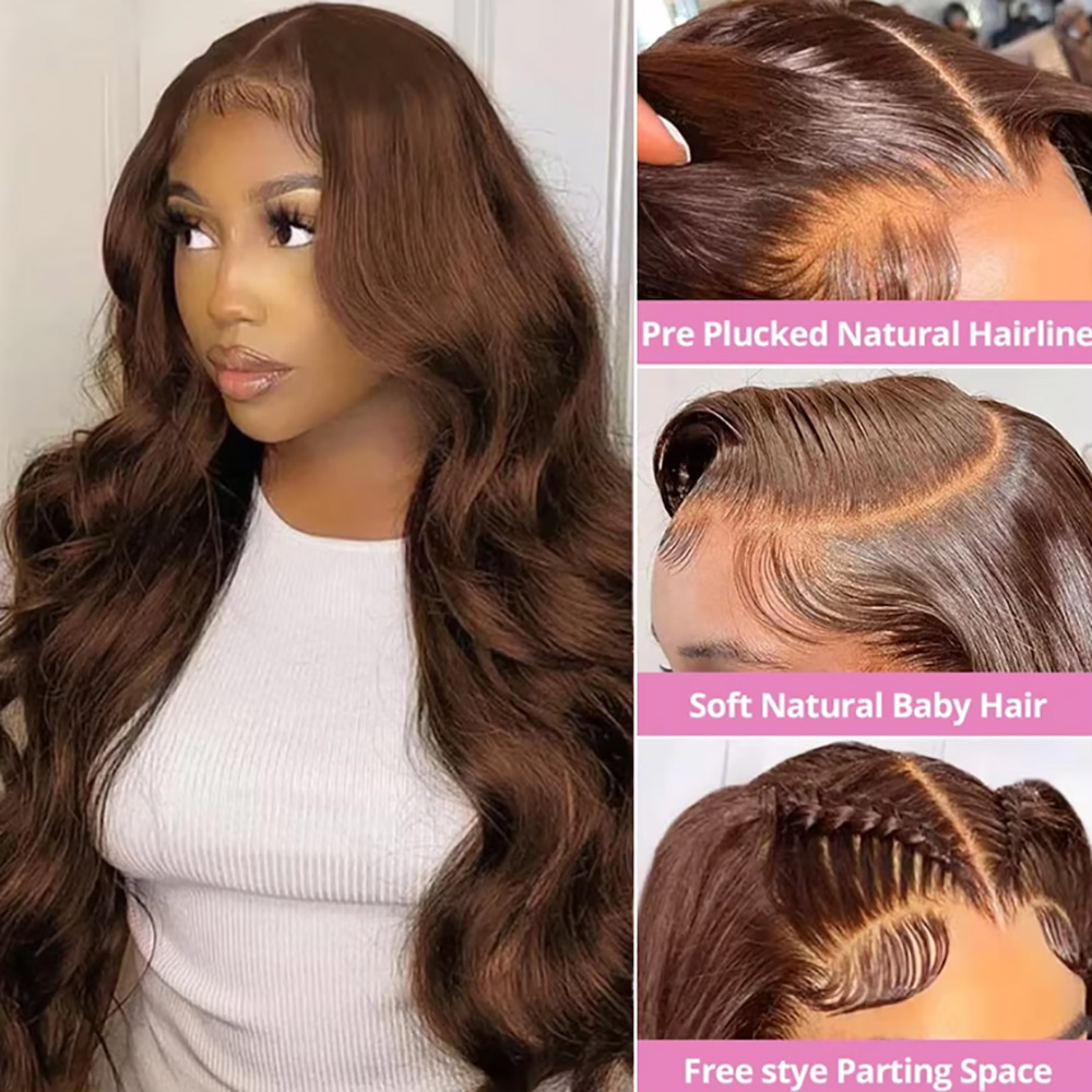 Chocolate #4 Body Wave Wig 220 - Hd Lace Frontal Wig Human Hair Pre Plucked 评论和价格